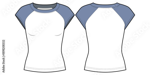  Women's Slim Fit  Short-Sleeve Color-Block Raglan T-Shirt- Flat Vector Illustration - Front and Back View- Asymmetric Hem Baseball Tee CAD, Vector Mock up
