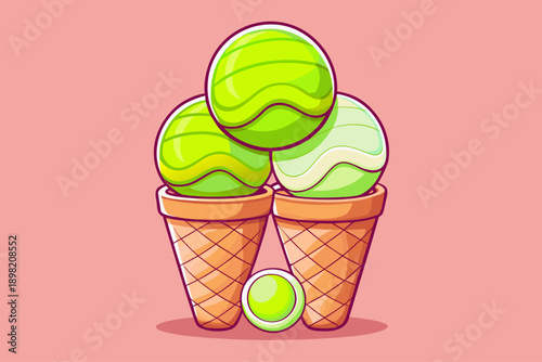 Two tennis balls paired with scoop of vanilla ice cream in waffle cone on pastel pink background playful surreal concept blending food and sport minimal art direction