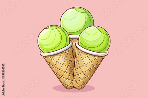 Two tennis balls paired with scoop of vanilla ice cream in waffle cone on pastel pink background playful surreal concept blending food and sport minimal art direction
