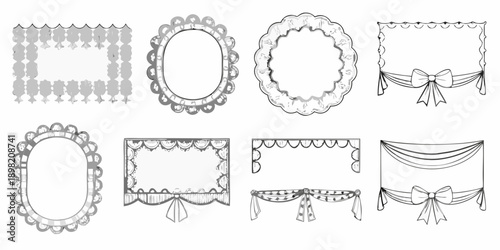 Collection of decorative frame and curtain border illustrations in black and white