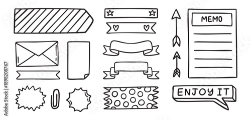 Planner washi tapes and label strips, decorative reminders, line art outline contour, monochrome, hand drawn