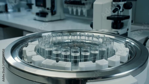 Spinning centrifuge with test tubes in modern laboratory setting  