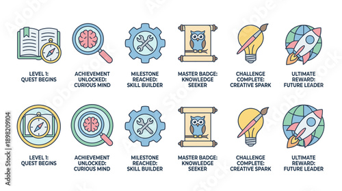 Vector icon set of gamified learning badges in flat design with pastel colors. Features educational achievements like Curious Mind, Skill Builder, Knowledge Seeker, Creative Spark, and Future Leader.