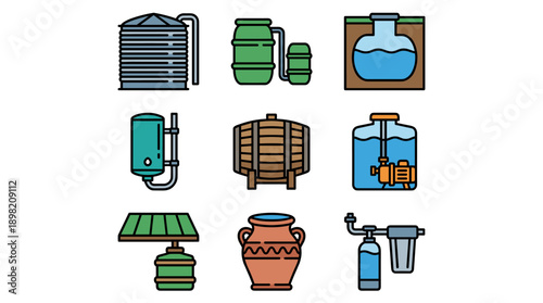 Vector icon set of rainwater harvesting tanks and water storage systems in bold outline style. Includes cisterns, barrels, underground tanks, filtration units, and sustainable collection methods.