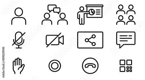 Minimalist Video Conference Icon Set for Online Meetings and Virtual Collaboration; Features Microphone Mute, Camera Off, Screen Share, Chat, Participants, and End Call Line Art Symbols.