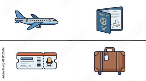 Set of 4 Flat Vector Travel Icons Including a Commercial Airplane, International Passport with Visa Stamp, Airline Boarding Pass Ticket, and a Rolling Suitcase for Tourism and Vacation Concepts