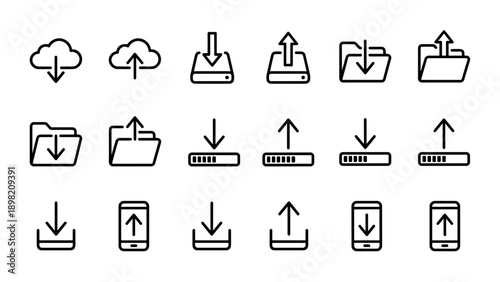 Minimalist Vector Icon Set for Download and Upload Actions. Features Cloud Storage, Folder Management, Hard Drive Transfer, Progress Bars, and Mobile Phone Data Syncing in a Clean Outline Style.