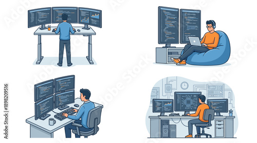 Vector Set of Four Illustrations of a Software Developer Coding on Multiple Monitors in Various Workspaces, Including Standing Desk, Bean Bag Chair, and Professional High-Tech Office Workstation.