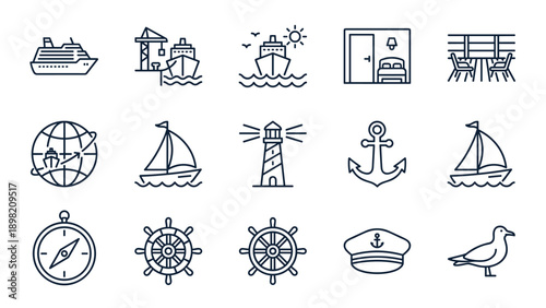 Minimalist Cruise and Maritime Line Icon Set Featuring Cruise Ship, Port, Ocean Voyage, Cabin, Deck, Global Travel, Sailboat, Lighthouse, Anchor, Compass, Ship Wheel, Captain Hat, and Seagull.
