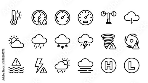 Collection of 18 Meteorology Line Icons Featuring Weather Forecast Symbols like Temperature, Humidity, Barometer, Wind Speed, Rain, Snow, Thunderstorm, Tornado, Hurricane, and Climate Warnings.