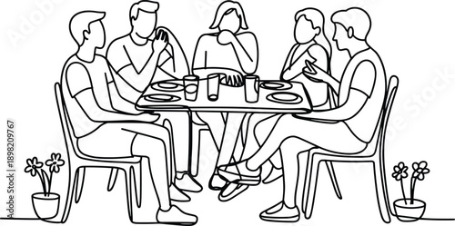 Minimal line art illustration of friends dining together at a table, social conversation scene, modern lifestyle concept, teamwork, friendship, casual restaurant or home gathering