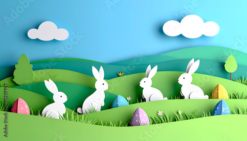 Easter bunnies in a paper cut landscape with colorful eggs.