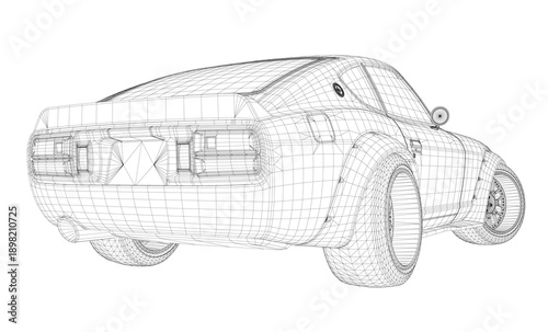 A 3D wireframe model of a classic sports car on a clean white background, showcasing its detailed engineering and sleek aerodynamic contours.
