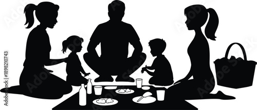 Silhouette of happy family enjoying picnic together outdoors, parents and children sharing food, bonding moment, minimal black illustration, lifestyle concept on white background