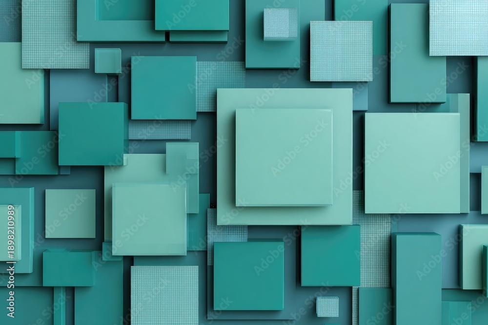 Obraz premium Abstract arrangement of varying teal and green cubes and rectangles on a textured surface
