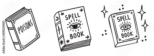 Magic books set, two spellbooks and book of poisons, monochrome line art hand drawn style