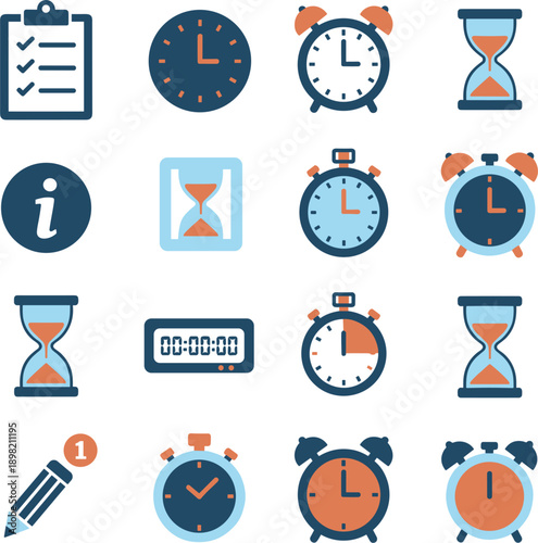 Time management icons set vector illustration clocks timers alarms hourglasses checklist symbols productivity flat design ui ux interface
