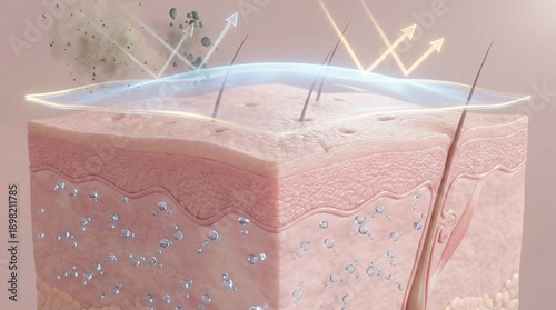 Cross-section of skin structure showcasing healthy skin cells with a strong moisture barrier protecting against external elements and irritants