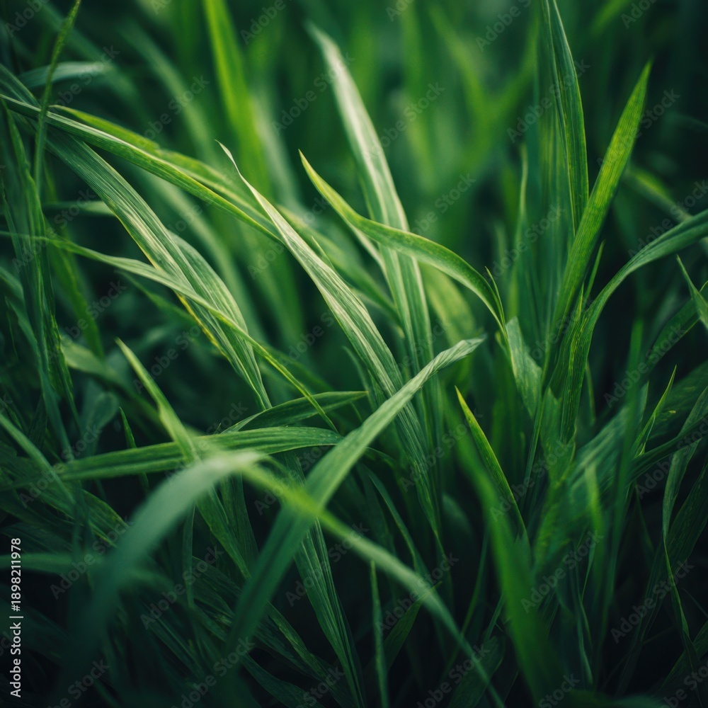 Fototapeta premium Lush green grass blades close-up in natural environment.