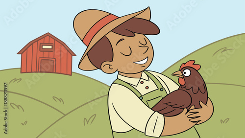 Peaceful farmer cherishes a brown chicken on a sunny green hillside with a rustic barn in the background, evoking a sense of rural serenity and harmony with nature