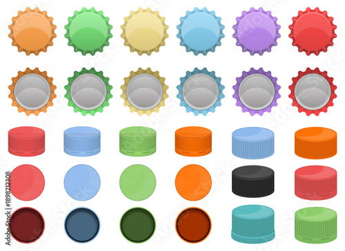 Collection of assorted colorful bottle caps, different shapes and angles