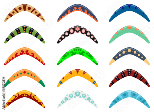 Collection of Decorative Boomerangs in Various Designs and Bright Colors