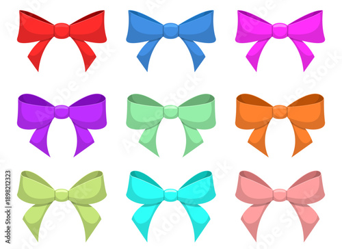 Assorted colorful bows arranged in a grid pattern on a white background