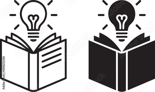 Knowledge and education icon with open book and glowing light bulb idea concept