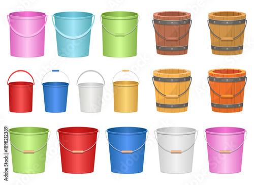 Colorful assortment of buckets made from different materials, sizes, & styles