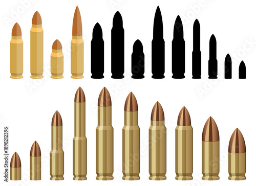 Assortment of cartridges in various sizes and shapes with black silhouettes