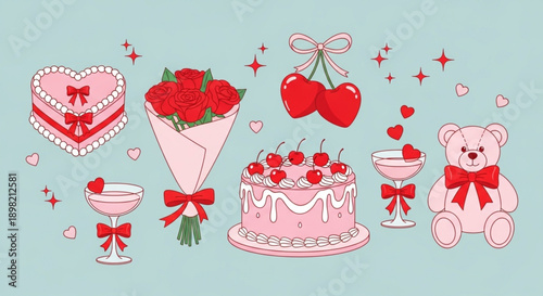 Valentine's Day treats and gifts featuring cakes, cherries, roses, and a teddy bear for a romantic celebration