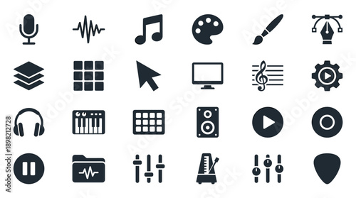 Professional set of 24 minimalist black and white vector icons for creative media, graphic design, and music production featuring microphone, waveform, headphones, MIDI keyboard, and studio tools.
