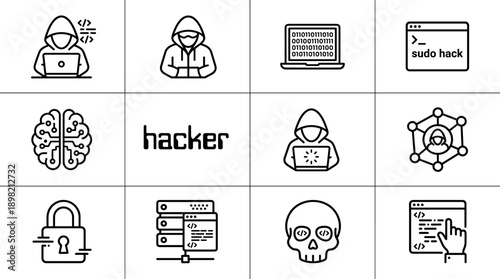 Minimalist vector icon set of hacker elements in black and white line art featuring hoodie figures, laptops, binary code, terminal windows, digital brain, network, padlock, server, and skull.