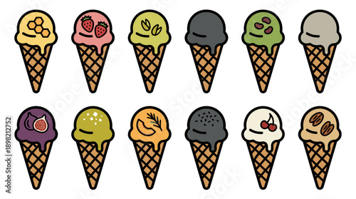 Vector Illustration Set of Artisanal Ice Cream Cones in Bold Outline Style, Featuring Diverse Flavors like Strawberry, Pistachio, Matcha, Honey, and Fig, Flat Design for Summer Dessert Menus.