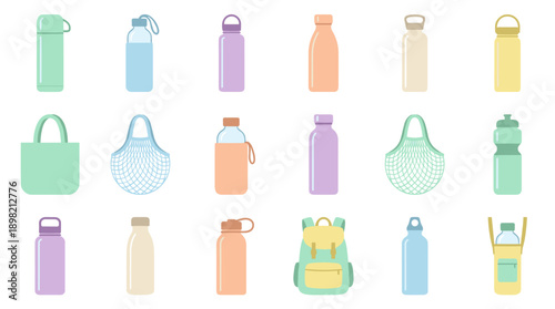Set of Reusable Water Bottle Icons, Eco-Friendly Tote Bags, Mesh Produce Bags, and Backpack in Flat Design Style with Pastel Color Palette for Sustainable Lifestyle, Zero Waste, and Plastic Free
