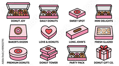 Vector Icon Set of Assorted Donut Box Packaging Varieties in Bold Outline Style. Includes Heart-Shaped, Gift-Wrapped, and Stacked Boxes for Bakeries, Sweet Shops, and Dessert Delivery Services.