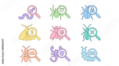 Cybersecurity Malware and Software Bug Icon Set in Flat Pastel Design Featuring Magnifying Glass Analysis of Viruses, Worms, Spiders, and Malicious Code Vulnerabilities for Web and App Interface