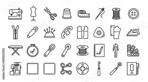 Vector set of sewing and fashion design line icons in a minimalistic style. Includes sewing machine, mannequin, scissors, thread, needle, zipper, button, and tailoring tools on white background.