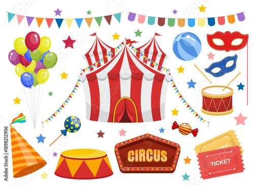Colorful circus elements on white background: tent, balloons, and decorations.
