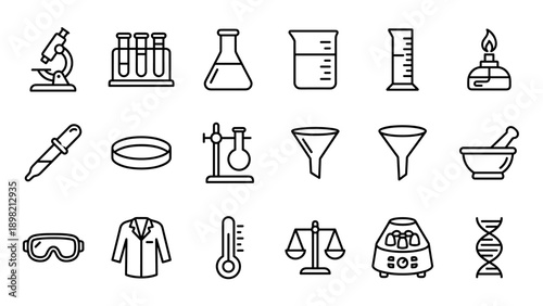 Science Laboratory Equipment Icon Set: Minimalist Vector Line Art Featuring Microscope, Test Tubes, Flask, Beaker, Bunsen Burner, Pipette, Petri Dish, Goggles, Lab Coat, DNA, and Centrifuge.