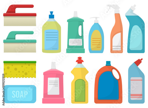 Selection of cartoon cleaning products for household cleaning tasks.