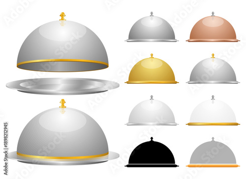Collection of elegant serving cloches displayed in various metallic finishes