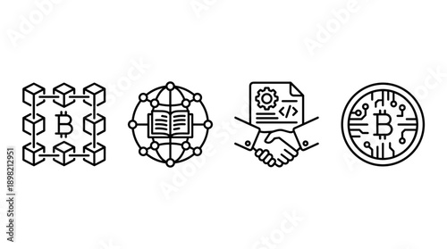 Set of four minimalist line art vector icons representing blockchain technology, distributed ledger, smart contracts, and crypto tokens on a clean white background for fintech and web design.