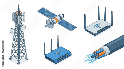 Isometric vector collection of telecommunication hardware featuring a cell tower, orbital satellite, wireless Wi-Fi routers, and fiber optic cable for high-speed internet and network connectivity.