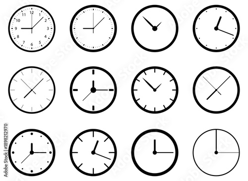 Twelve Analog Clocks Showing Different Times Throughout The Day.