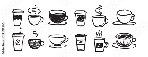 coffee in different cups in doodle style hand drawn set. coffee time element hot drink
