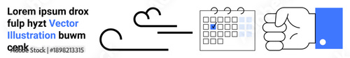 Time tracking, scheduling, action planning, decision making, progress tracking, organization management. Abstract icons of wind motion, a checked calendar and a clenched fist. Time tracking