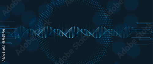 Futuristic science and technology background, DNA spiral strands, connected neural web