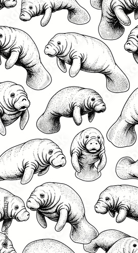 Cute Manatees in Repetitive Patterns, Illustrated Nature Scene, Whimsical Art, Marine Life, Black and White Style