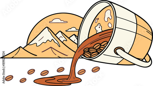 Coffee spilling from cup with coffee beans and mountains